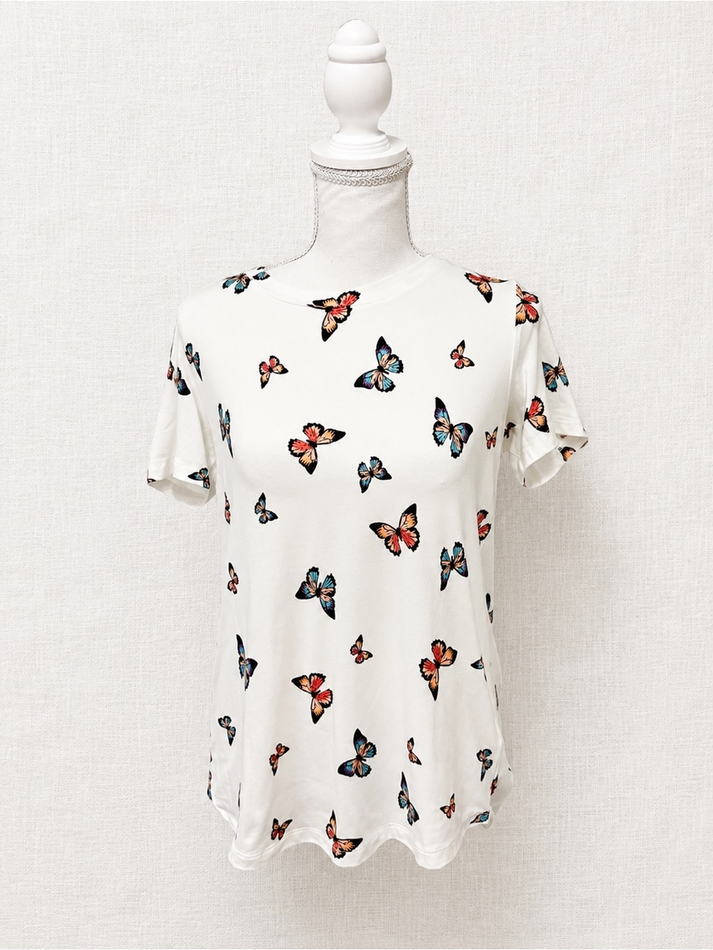 White Short Sleeve Tee with Colorful Butterfly Print
